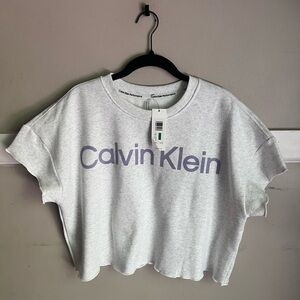Calvin Klein Light Gray Cropped Tee with Lavender Logo